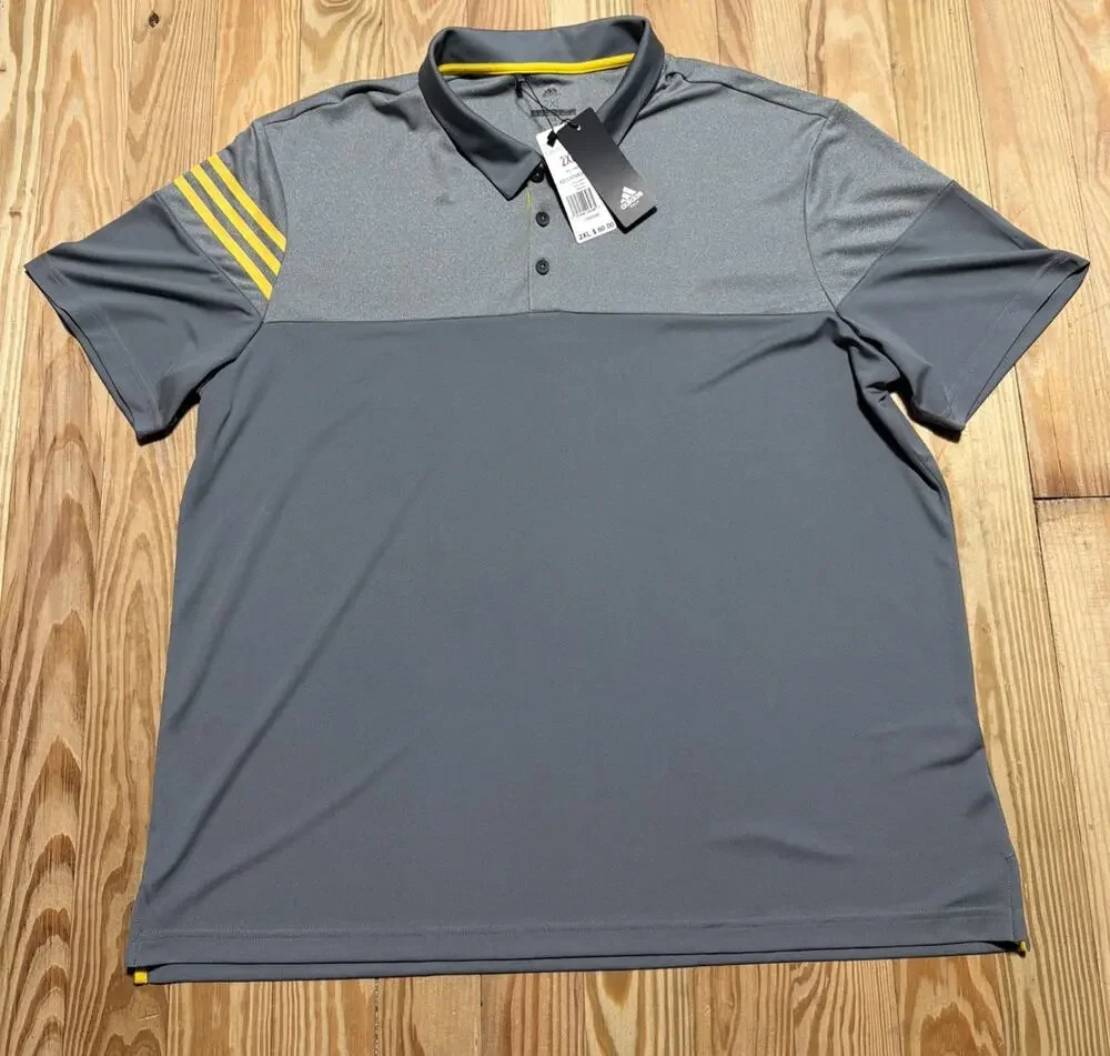 Adidas Heathered 3-Stripes Colorblocked Polo Golf Shirt Grey/ EQT Yellow 2XL New